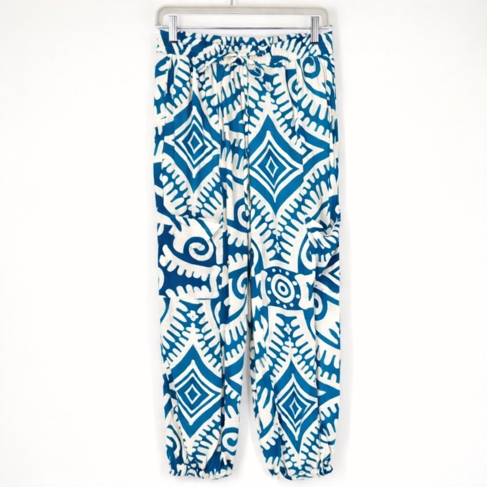 Haute Hippie Joggers Size‎ S Teal Cream Print Linen Blend Pockets Cargo Boho